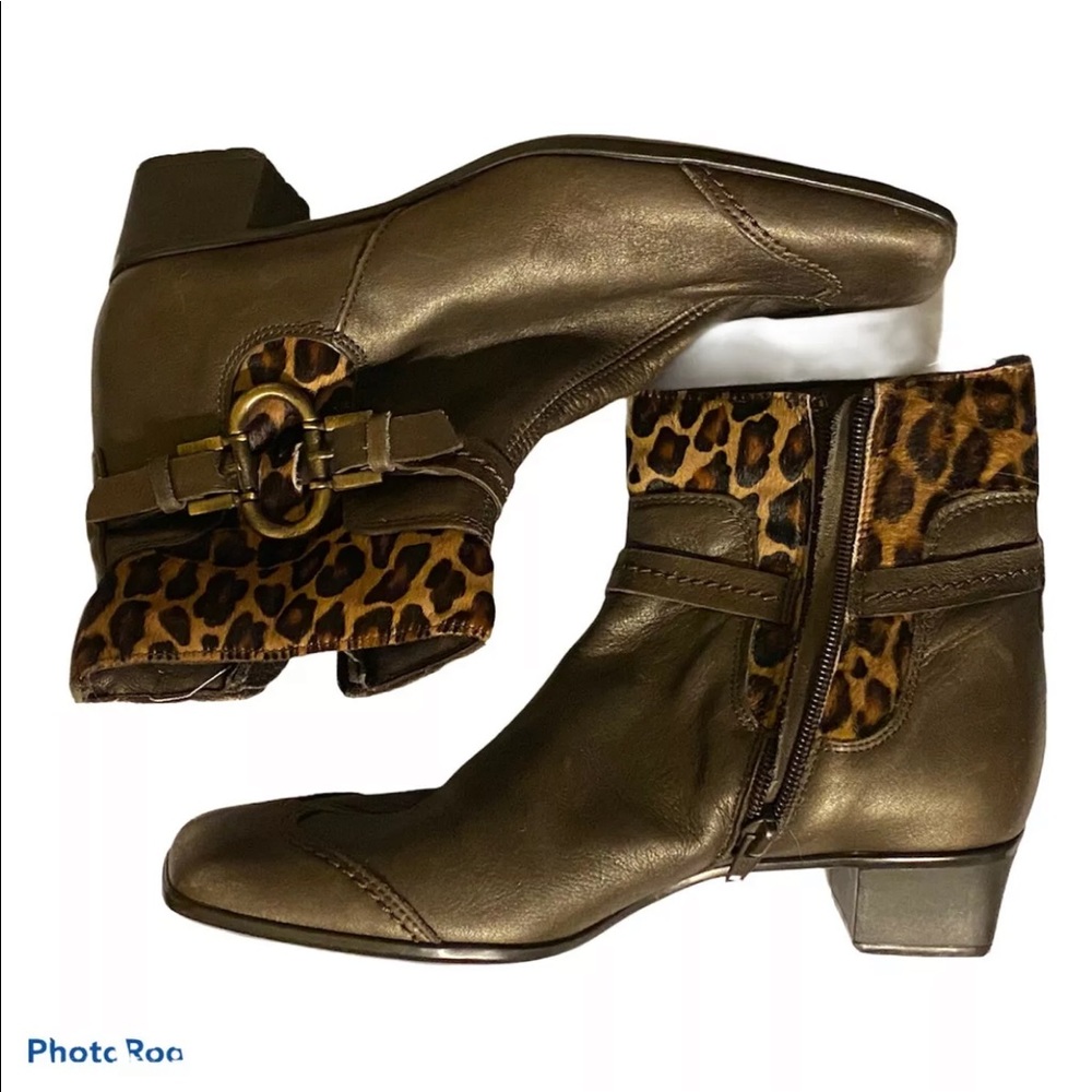 Sesto Meucci Ankle Boots Women's 6 Brown Bronze Leather Faux‎ Fur Leopard Shoes